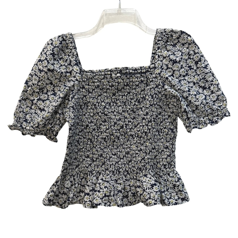 J.Crew Smocked Peplum Top Women's XS Navy Blue Daisy Floral Puff Sleeve Blouse